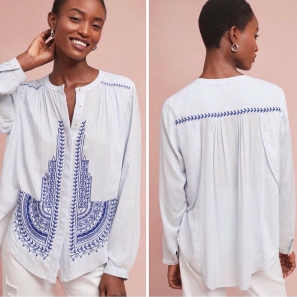Akemi + Kin Anthropologie Iris Embroidered Button Front Blouse